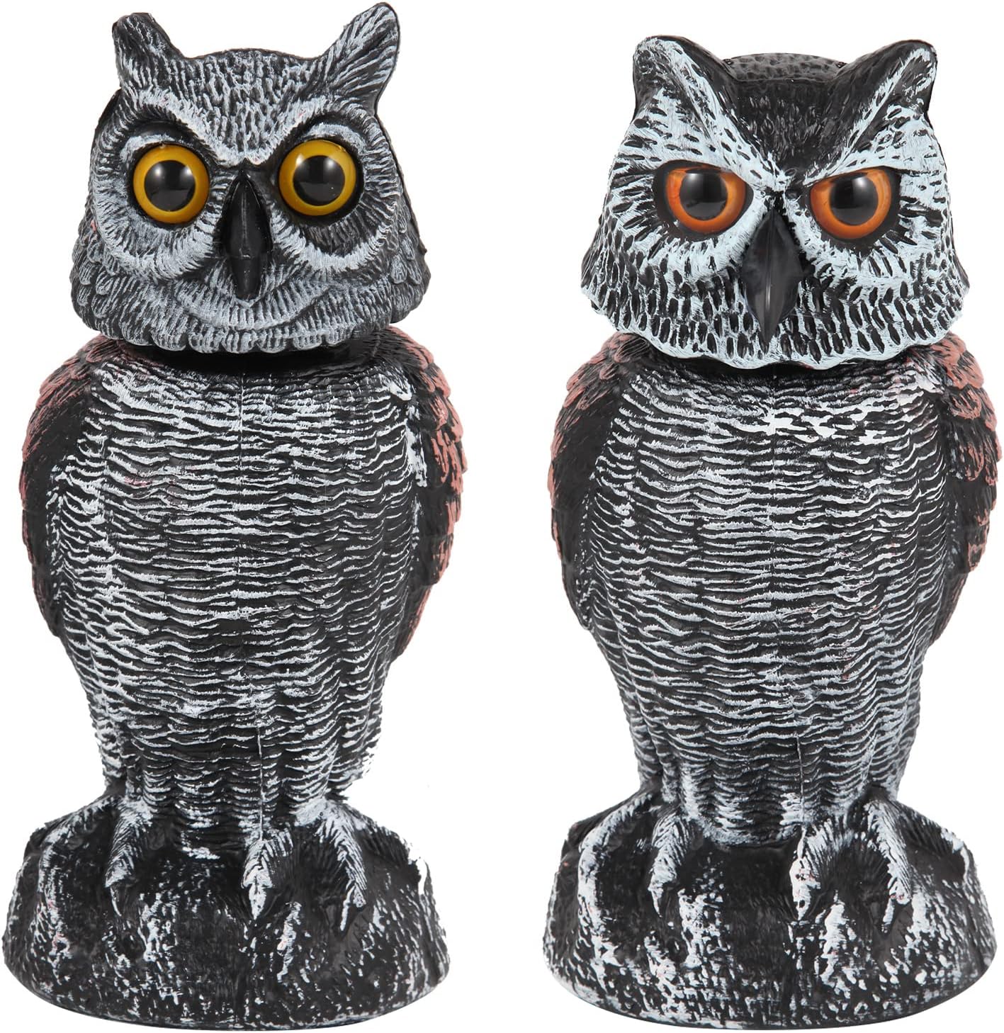 2 Pack Fake Owl Decoys to Scare Birds Away Rotating Head Bird Deterrents, Nature Enemy Scarecrow Plastic
