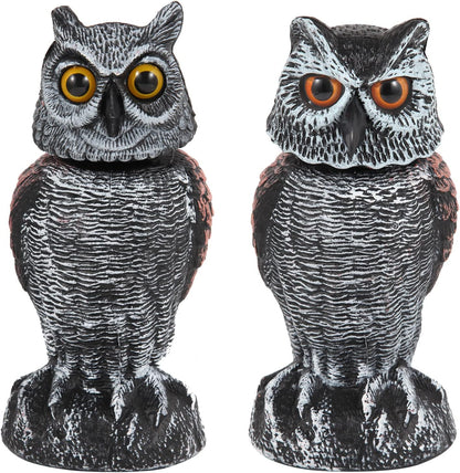 2 Pack Fake Owl Decoys to Scare Birds Away Rotating Head Bird Deterrents, Nature Enemy Scarecrow Plastic