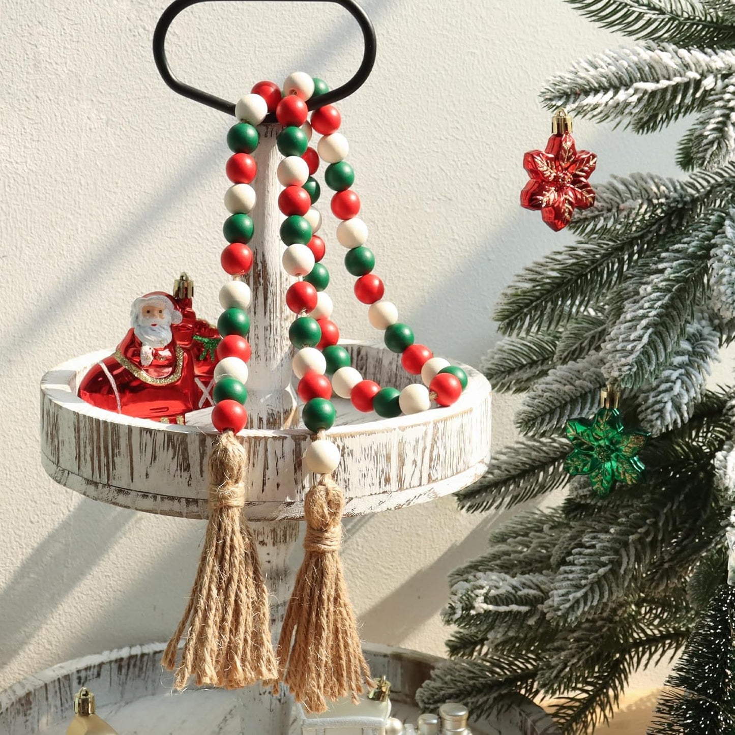 Wood Bead Garland 39in Farmhouse Beads with Tassels Tiered Tray Decor Wall Hanging Home Ornaments
