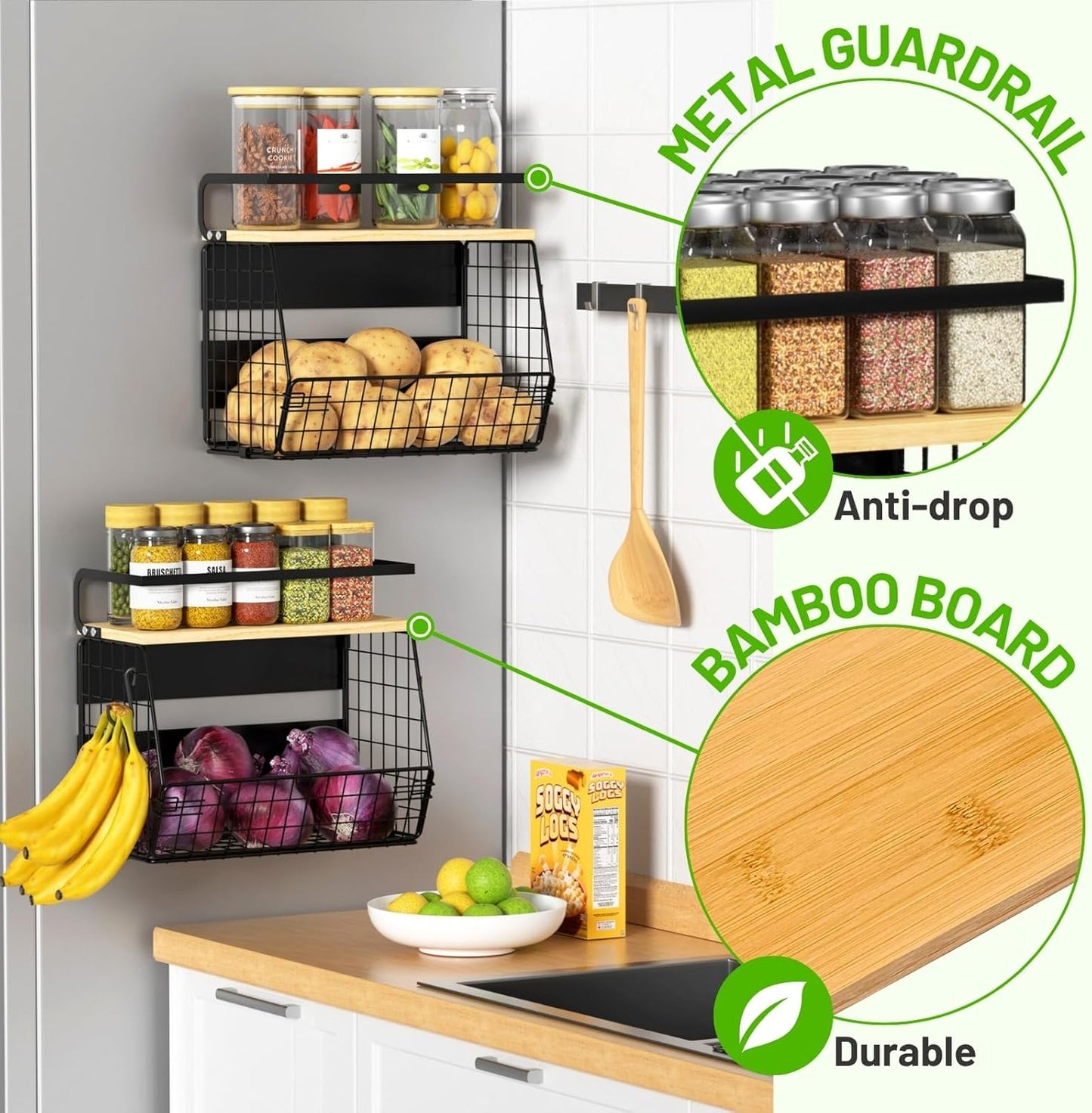 Magnetic Shelf for Fridge with Wood Lid Fruit Potato and Onion Storage Bins Pantry Organizers