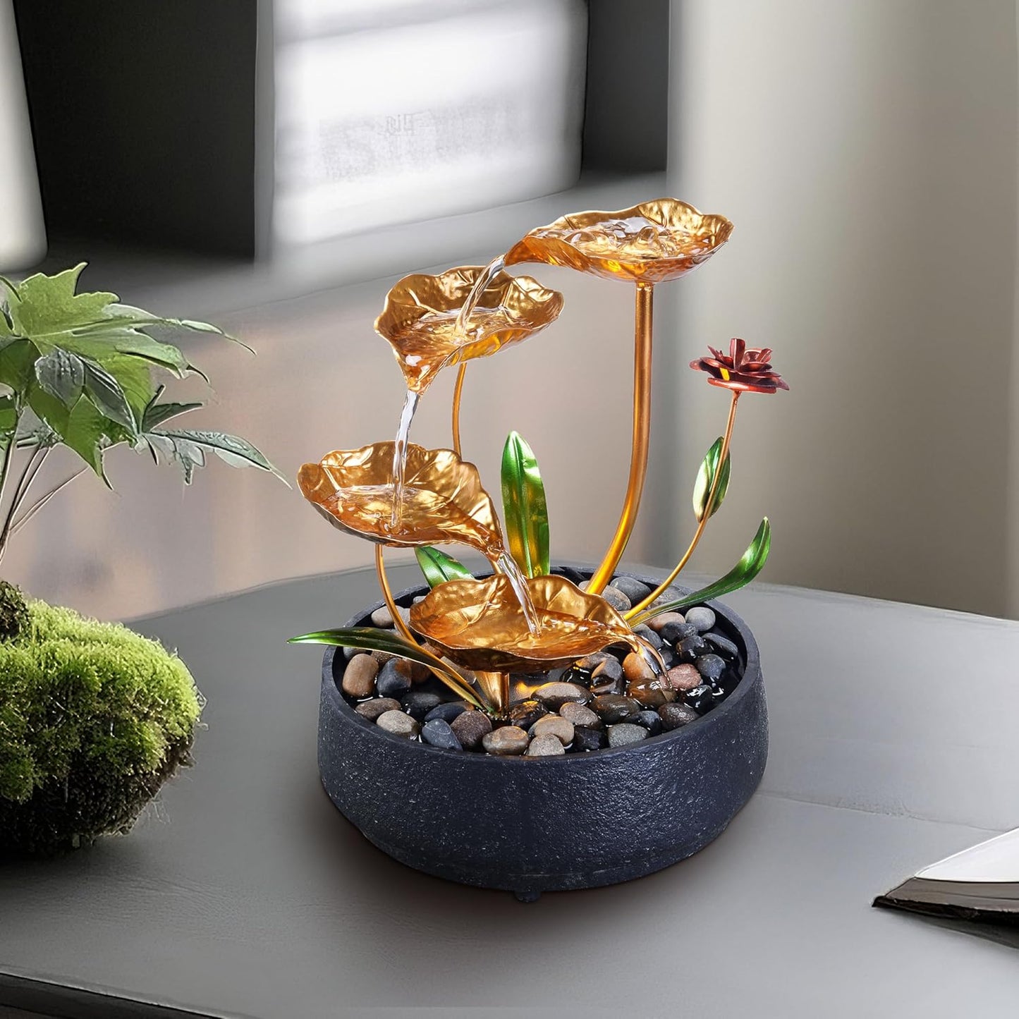 Fountain Metal Lotus Circulating Fountain Water Feature for Zen Home Decor Warm Yellow