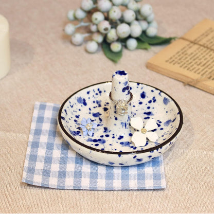 Ceramic Ring Stand With Jewelry Plate Blue Dots Jewelry Holder for Rings Earrings Necklace Organizer