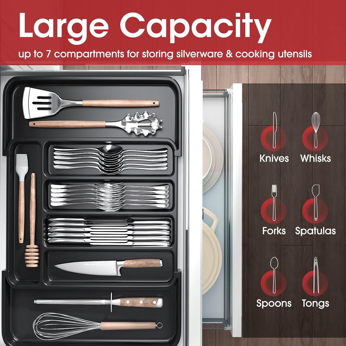 Expandable Kitchen Drawer Organizer Adjustable Utensil Organizer Cutlery Tray for Forks Knives Multipurpose Kitchen Organizers