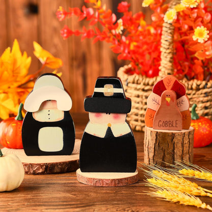 3 Pcs Fall Thanksgiving Decorations Fall Wooden Turkey Pilgrim Couple Table Sign Thanksgiving