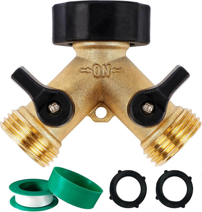 Garden Hose Splitter 2 Way Heavy Duty Brass Connector Tap Splitter Y Splitter 2 Valves with 2 Extra Rubber Washers