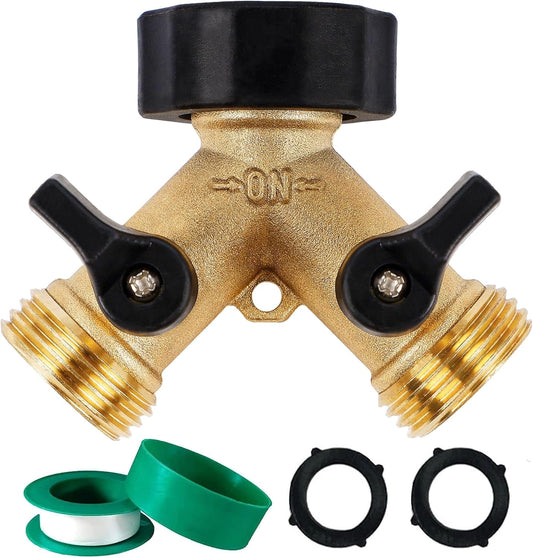 Garden Hose Splitter 2 Way Heavy Duty Brass Connector Tap Splitter Y Splitter 2 Valves with 2 Extra Rubber Washers
