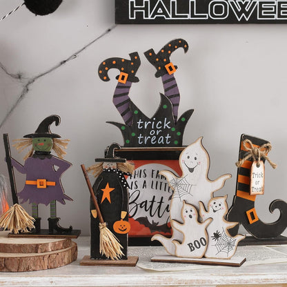 5pcs Halloween Wooden Decorations Halloween Tabletop Centerpiece Craft Decor Including Witch Ghost Shoes Decor for Home
