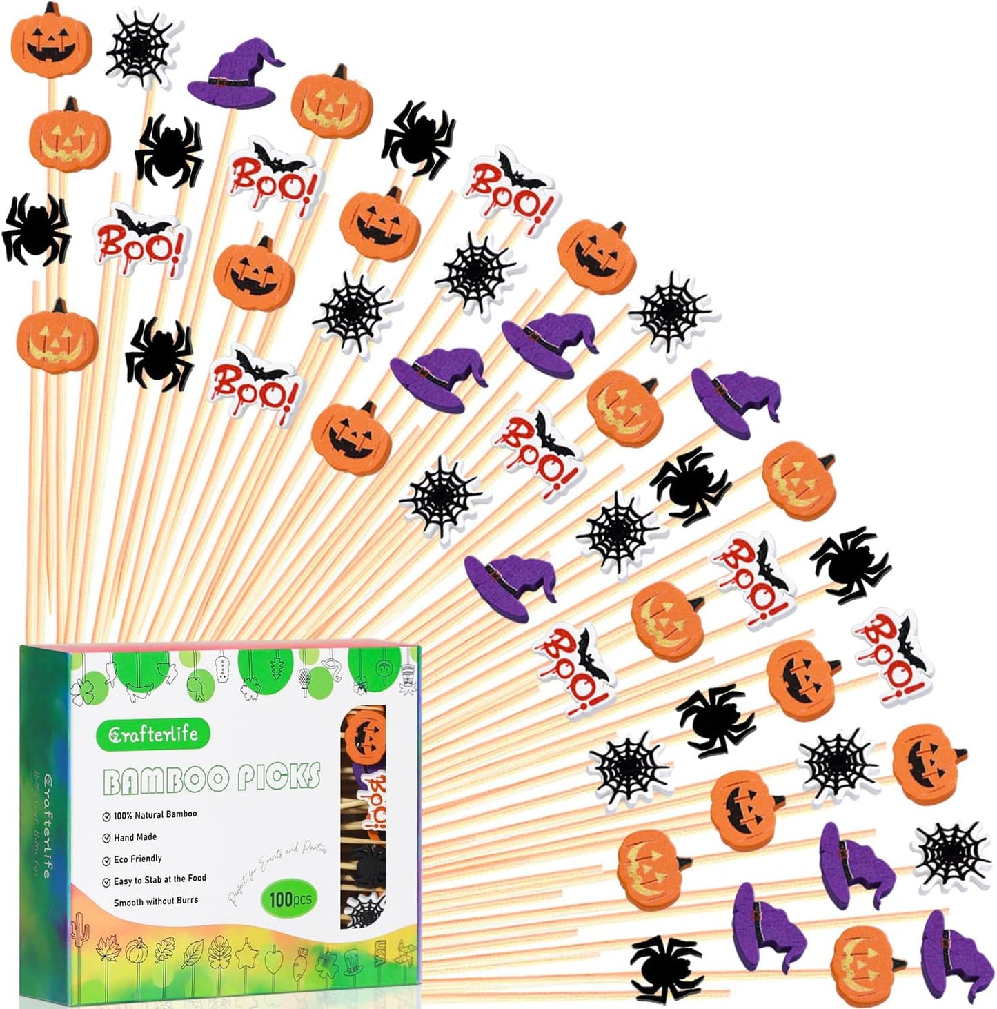 5" Halloween Cocktail Picks Ghost Pumpkin Spider Boo Bat Theme Decor Toothpicks Skewers Sticks