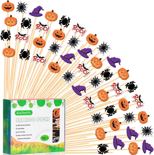 5" Halloween Cocktail Picks Ghost Pumpkin Spider Boo Bat Theme Decor Toothpicks Skewers Sticks