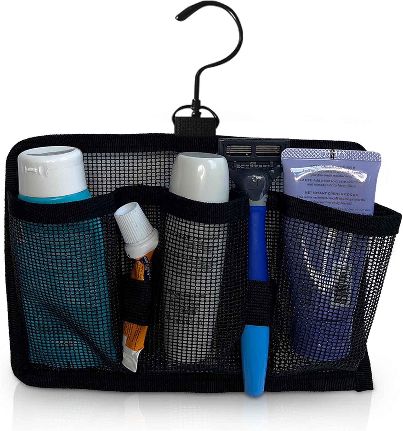 Large Capacity Travel Organizer with 3 Compartments and 2 Elastic Bands Hangable Mesh Shower