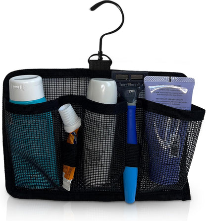 Large Capacity Travel Organizer with 3 Compartments and 2 Elastic Bands Hangable Mesh Shower