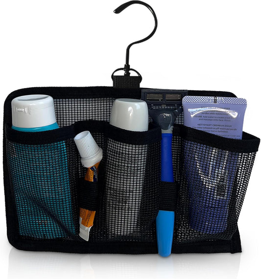 Large Capacity Travel Organizer with 3 Compartments and 2 Elastic Bands Hangable Mesh Shower
