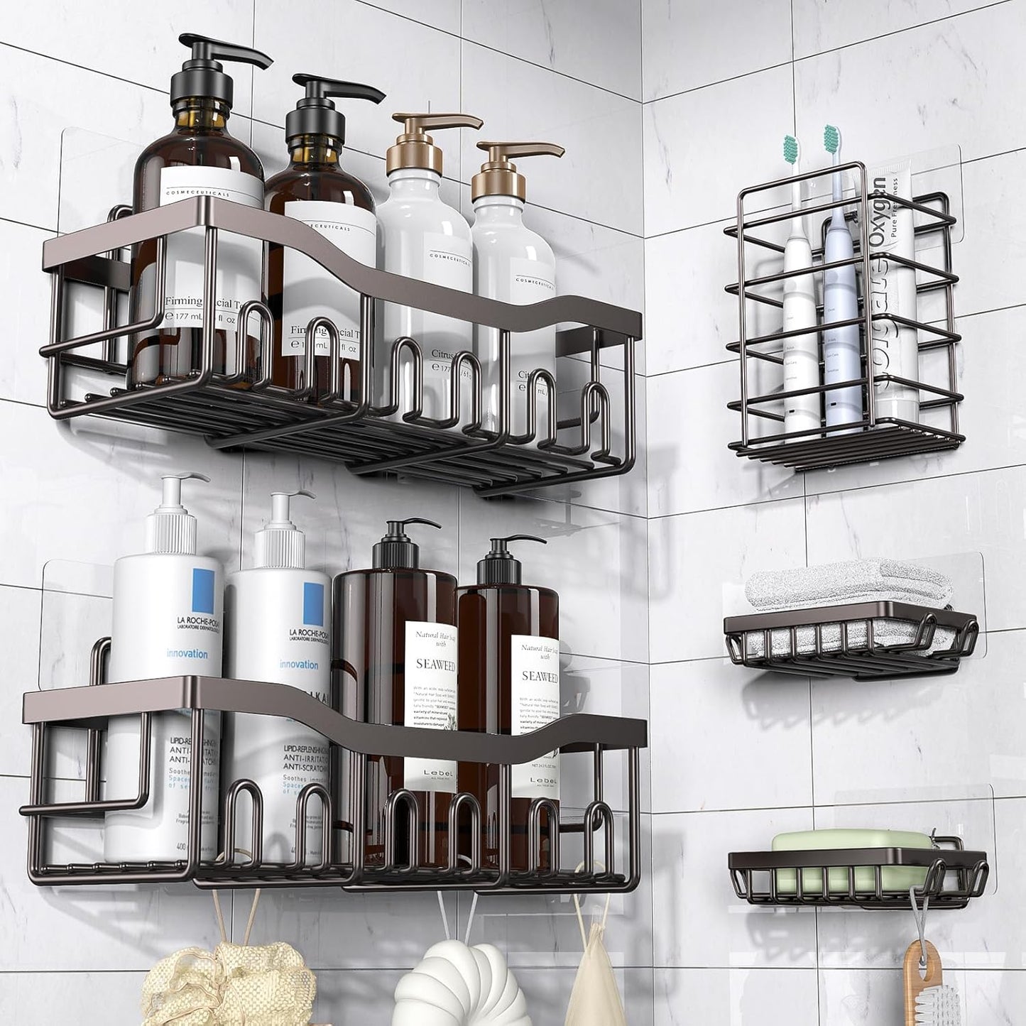 5 Pack Rustproof Stainless Steel Shower Caddy No Drill Adhesive Bathroom Organizer with Large Capacity