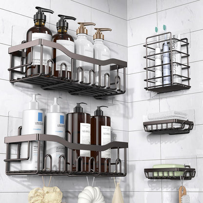 5 Pack Rustproof Stainless Steel Shower Caddy No Drill Adhesive Bathroom Organizer with Large Capacity