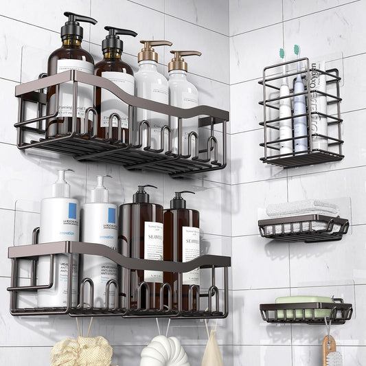 5 Pack Rustproof Stainless Steel Shower Caddy No Drill Adhesive Bathroom Organizer with Large Capacity