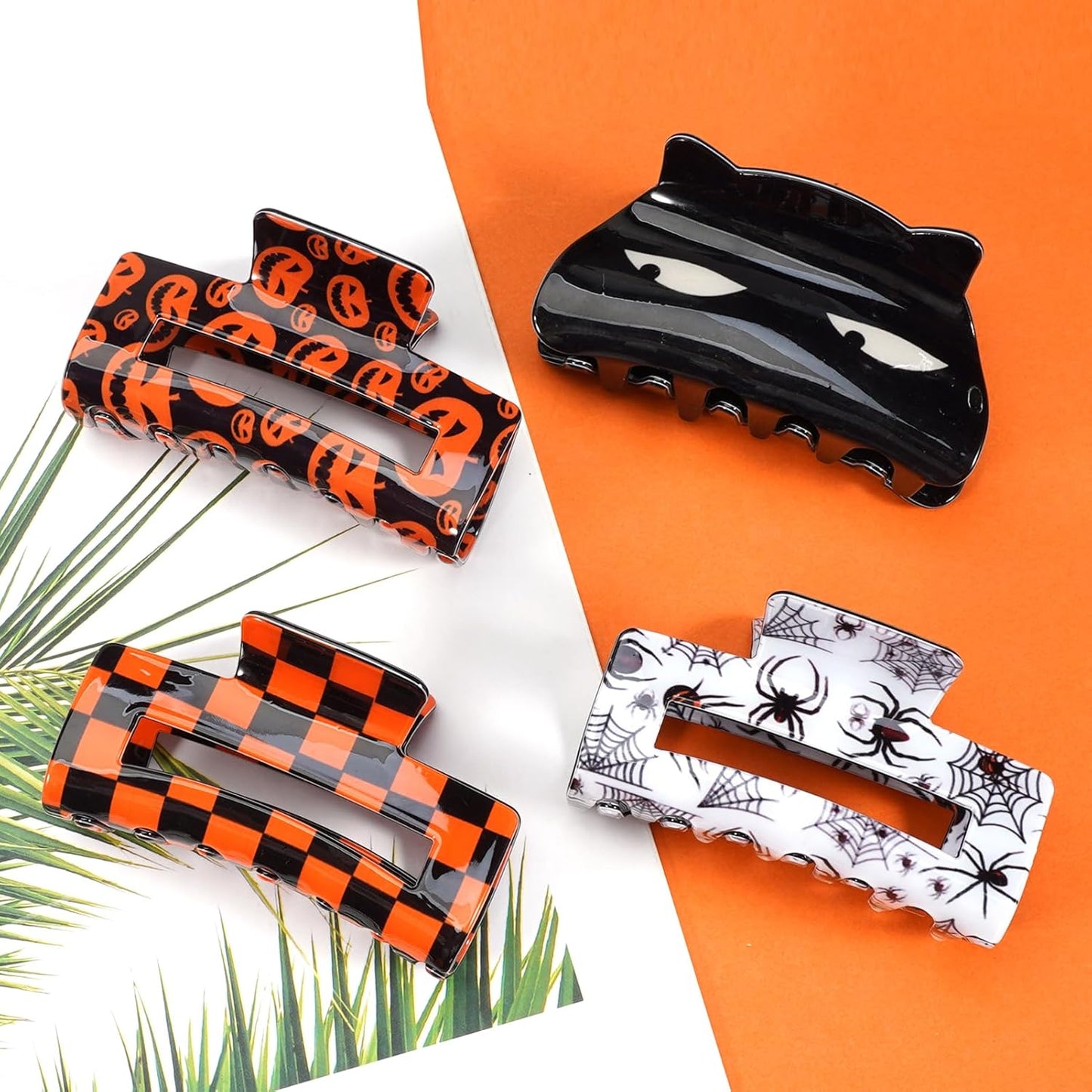 4 Pack Halloween Hair Claw Clips for Women Girls Gifts Pumpkin Spider Web Cat Hair Clips Fall Orange Lattice