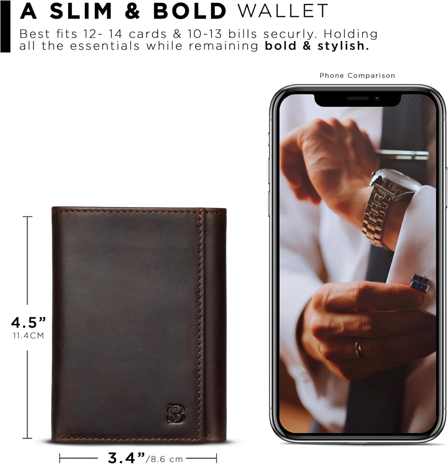 Trifold Wallet for Men - RFID Blocking Full Grain Leather 11 Card Slots & ID Window Slim Everyday Carry, Durable Stitching