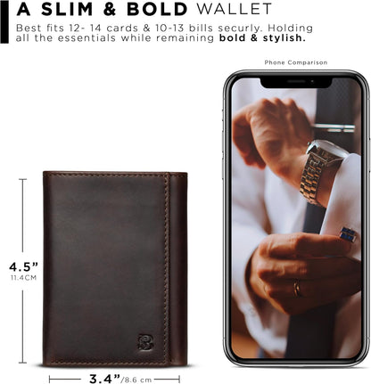 Trifold Wallet for Men - RFID Blocking Full Grain Leather 11 Card Slots & ID Window Slim Everyday Carry, Durable Stitching