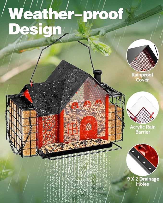 Metal Bird Feeder with Double Suet Cage Ideal Birdfeeders Outside Hanging Weatherproof & Large Capacity