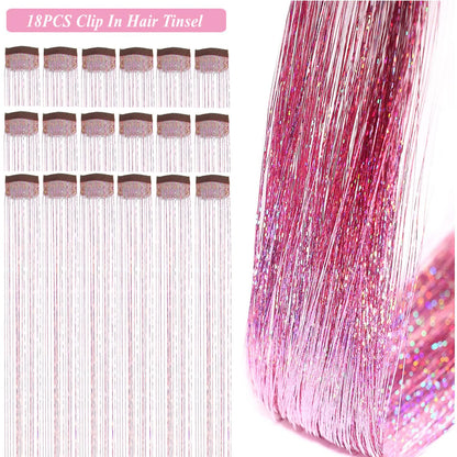 Pack of 18 Pcs Hair Tinsel Clip in 19.6Inch Glitter Tinsel Hair Extensions Heat Resistant Clip in Hair Tinsel Sparkle