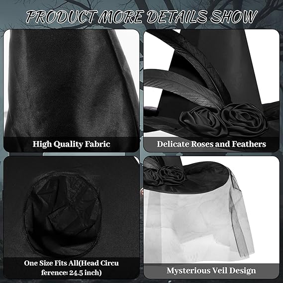 Halloween Witch Hat Halloween Costume Witches Hats for Women attached with Roses & Feathers