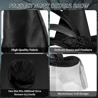 Halloween Witch Hat Halloween Costume Witches Hats for Women attached with Roses & Feathers