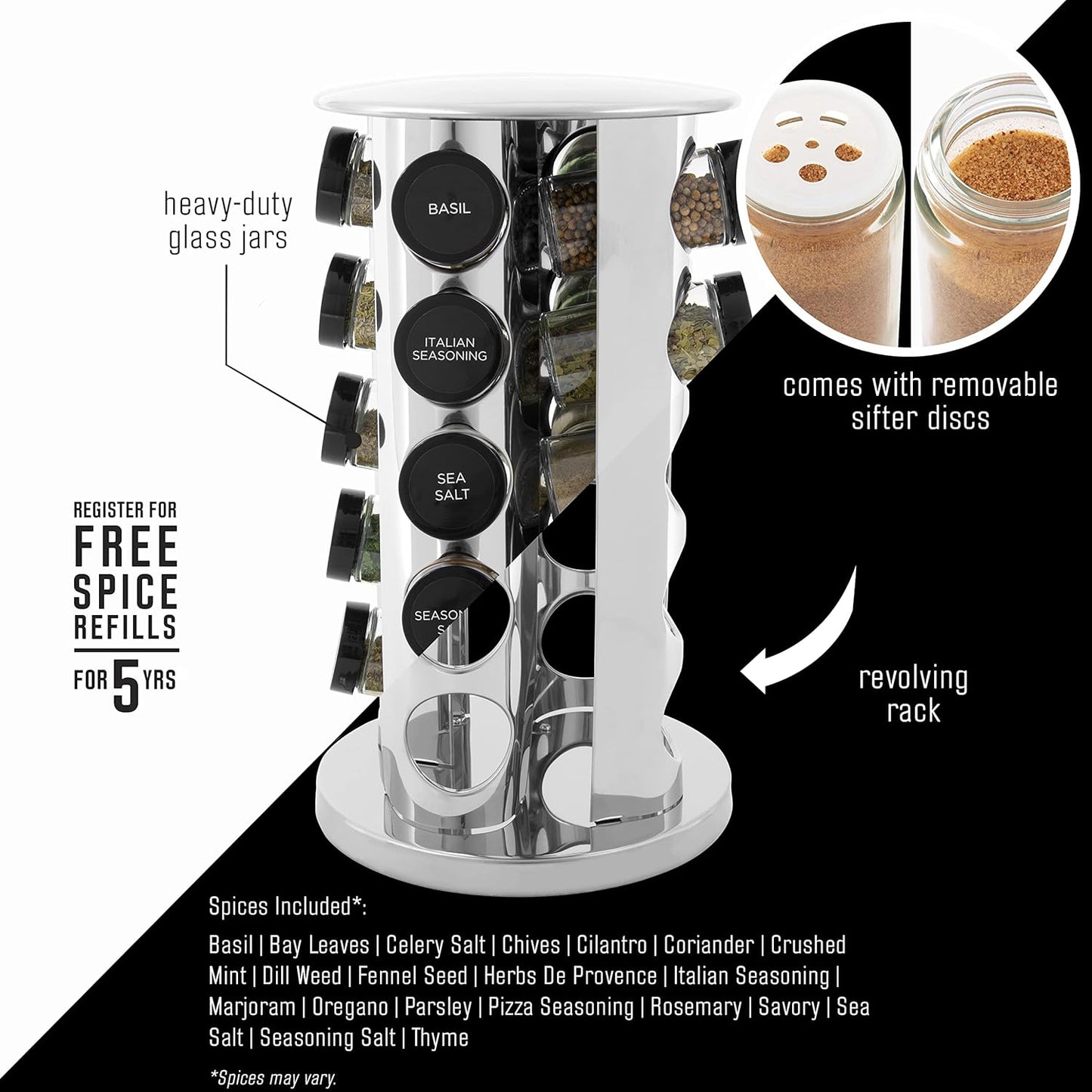 20 Jar Revolving Countertop Spice Rack with Spices Included Polished Stainless Steel with Black Caps