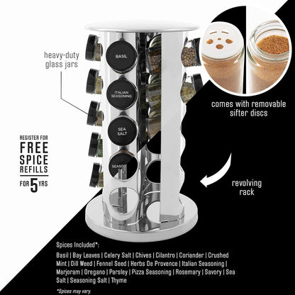 20 Jar Revolving Countertop Spice Rack with Spices Included Polished Stainless Steel with Black Caps