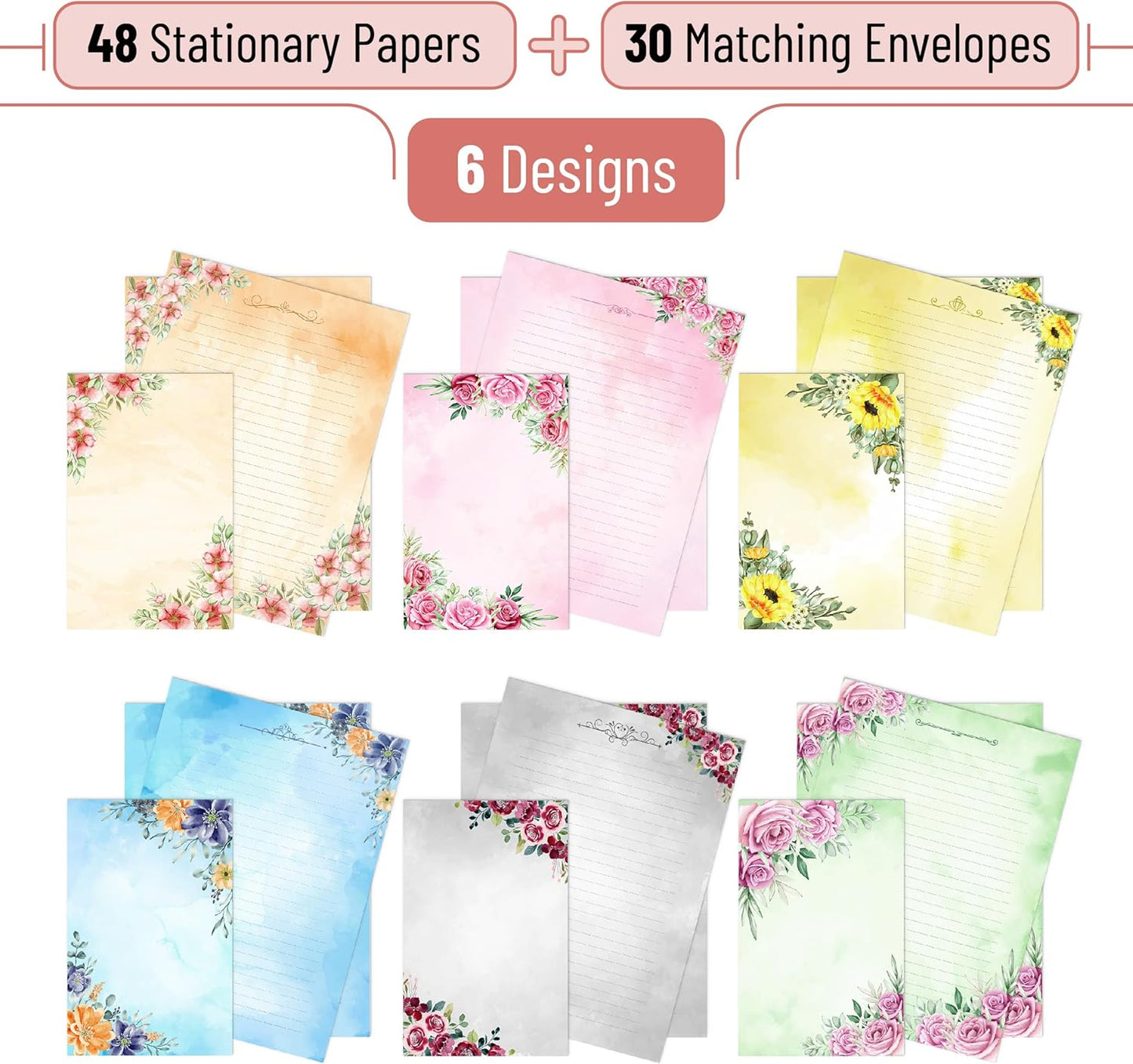 48 Letter Writing Paper with 24 Envelopes, Cute Stationary Set for Writing Letters