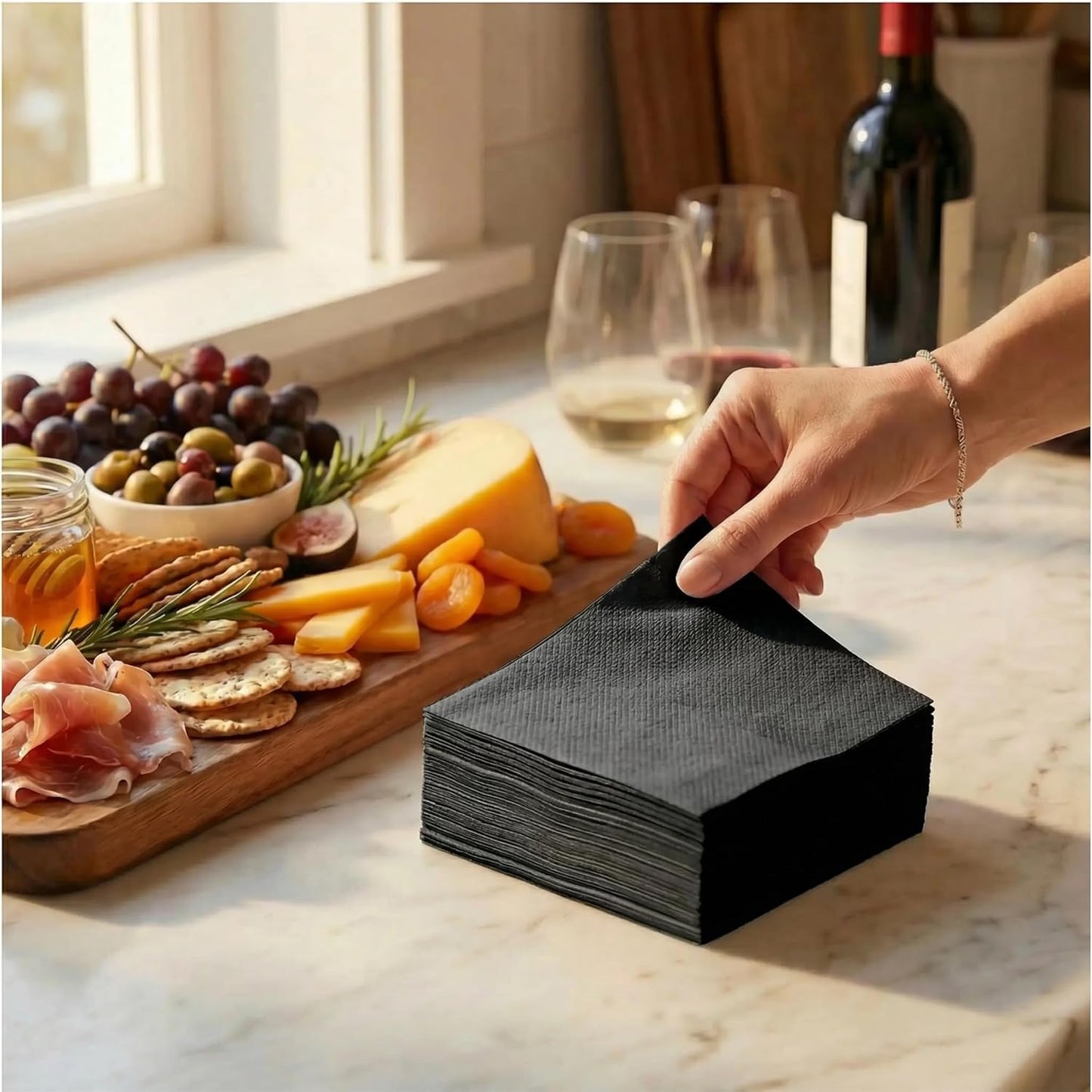 Cocktail Napkins-Disposable Beverage/Bar Napkins-Black Linen-Like Square Napkins Eco-Friendly & Compostable