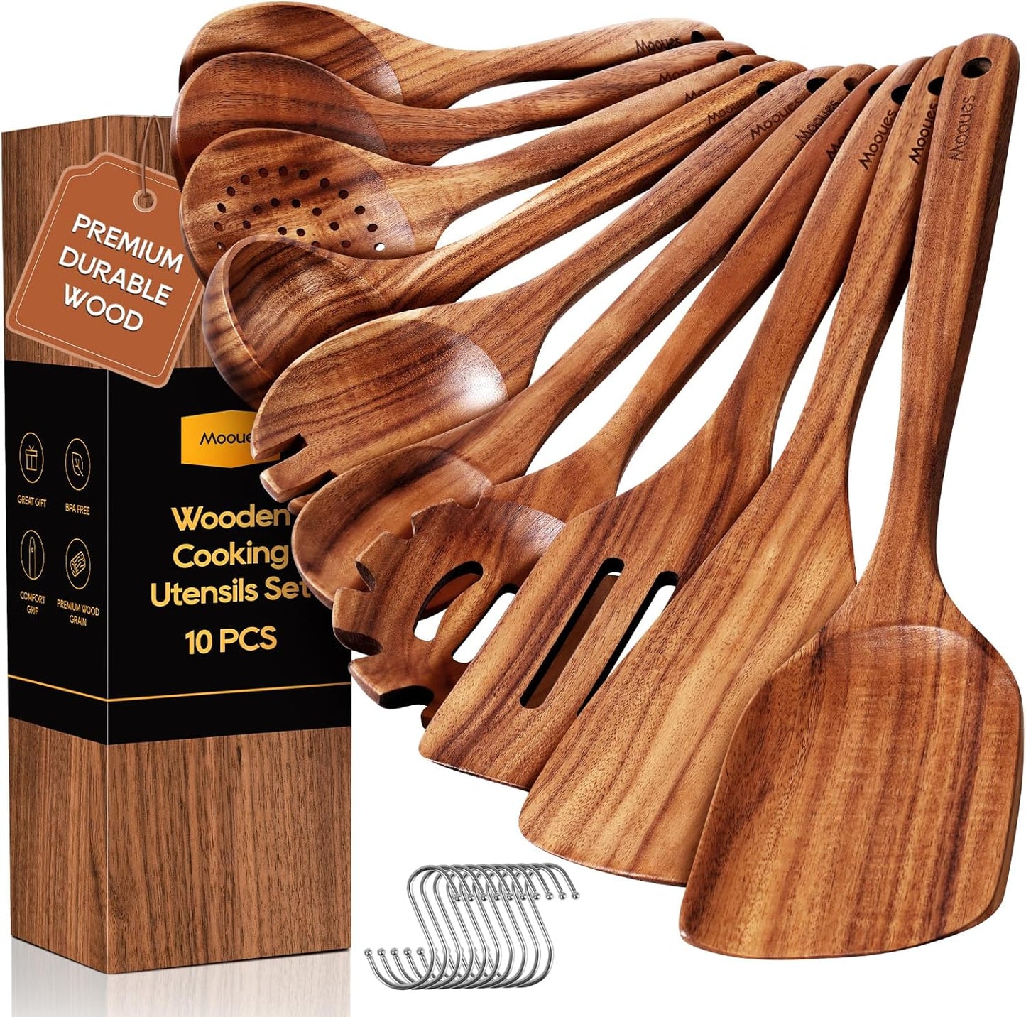 10PCS Teak Wood Cookware Utensil Set with Hooks Smooth Finish Non-Stick Comfortable Grip