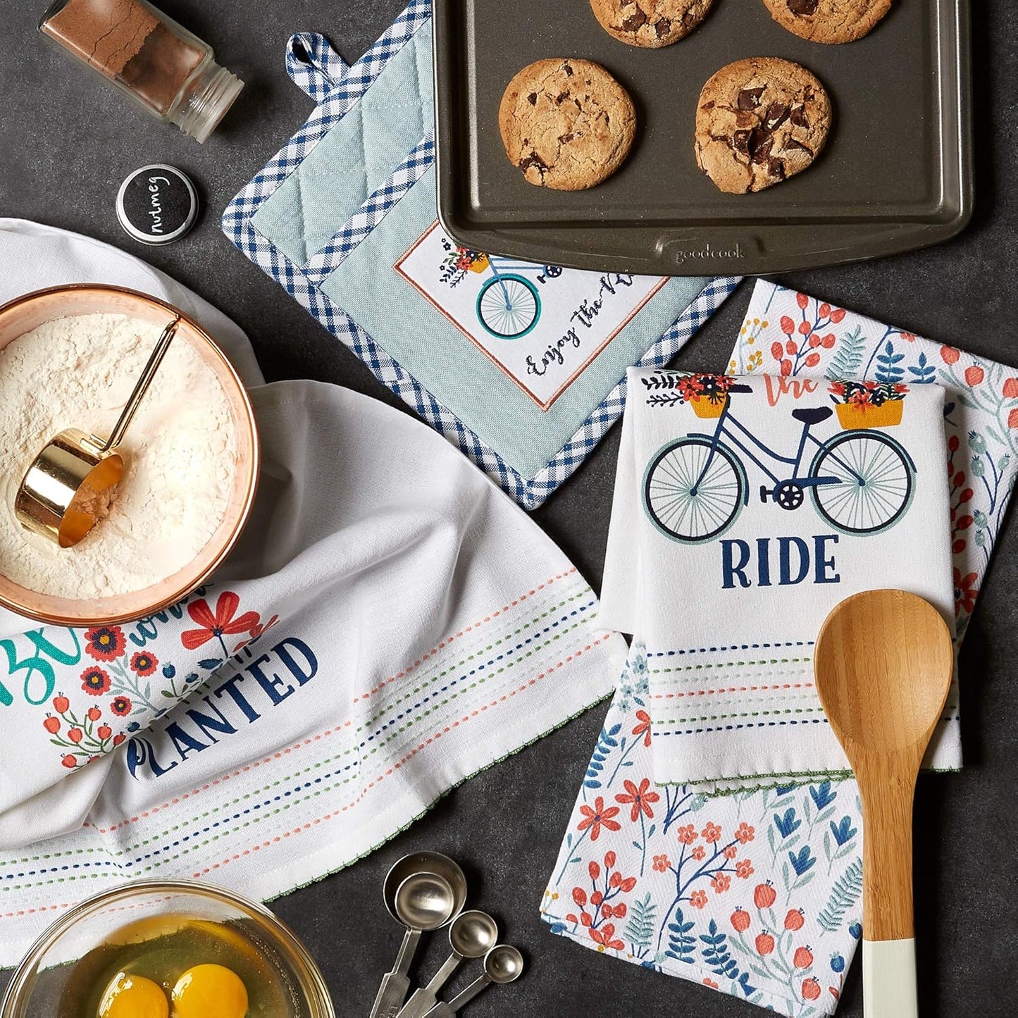 Kitchen Gift Set Collection Pot Holder & 3 Dish Towels Enjoy The Ride 4 Piece
