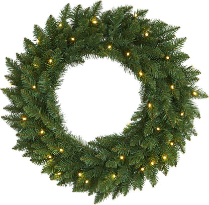 24in Artificial Pine Christmas Wreath, Faux Greenery with Clear LED Lights for Indoor Decor