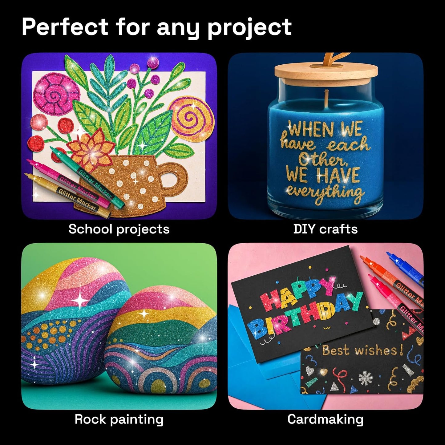 12 Glitter Paint Pens for Glass Marking Rock Painting Ceramic Wood Fabric Scrapbooking, DIY Craft Making Coloring
