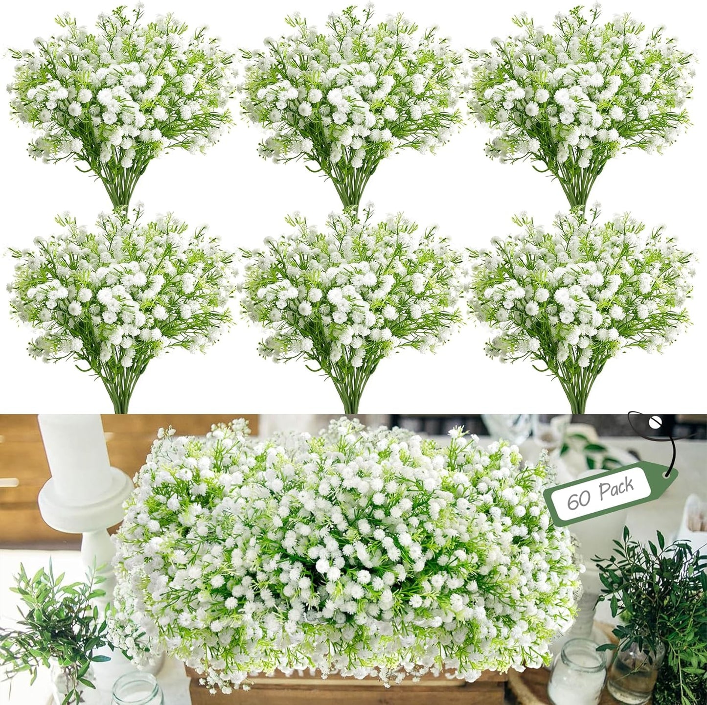 60Pcs Babys Breath Artificial Flowers Bulk White Real Touch Faux Baby Breath Flowers Artificial,