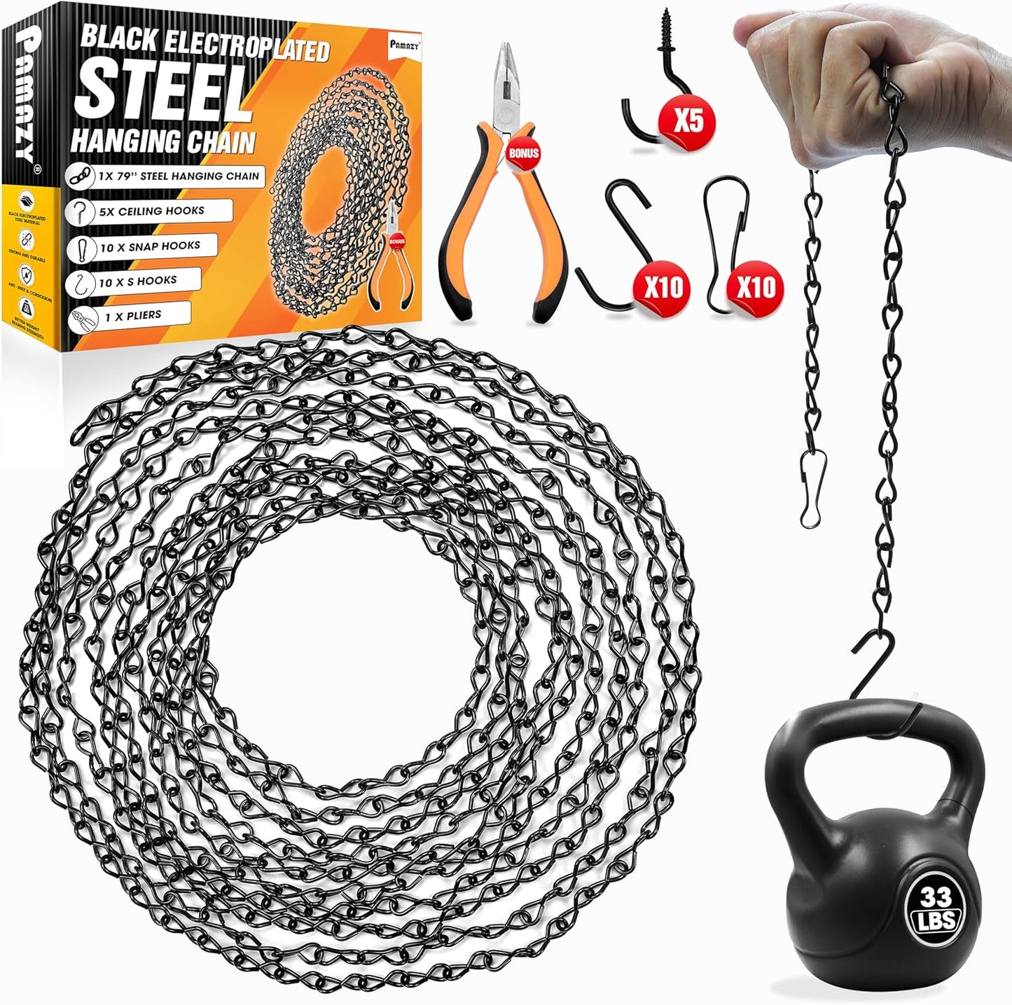 Steel Hanging Chain with S-Hooks Snap Hooks Ceiling Hooks & Pliers, 33LBS Load Capacity, Adjustable Length