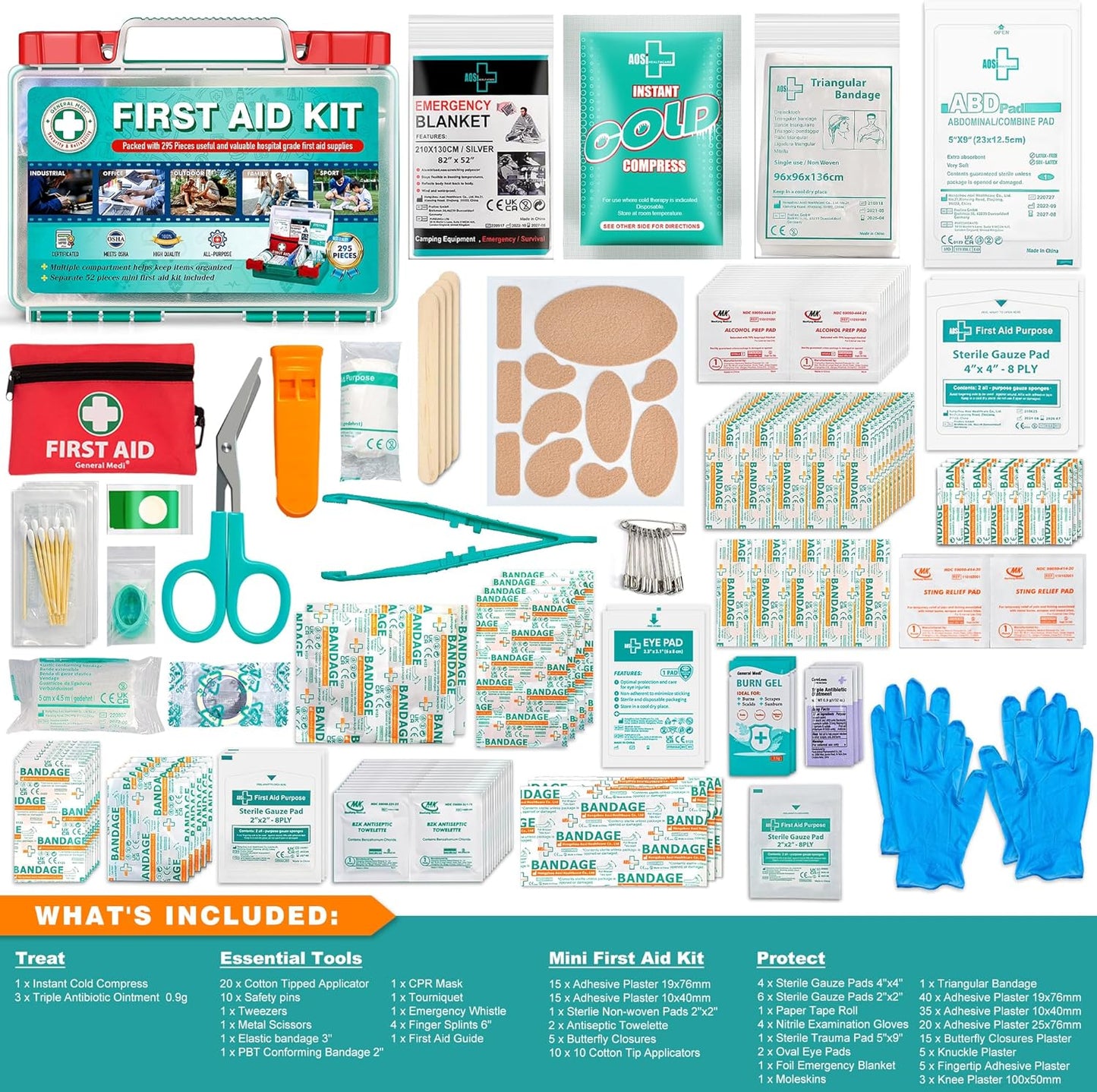 295 Pieces Professional First Aid Kit HardCase First Aid Box Contains Premium Medical Supplies for Travel Home Office