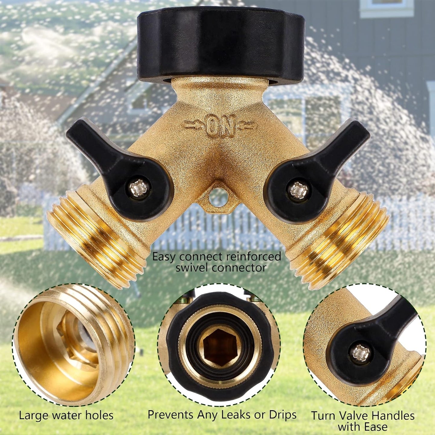 Garden Hose Splitter 2 Way Heavy Duty Brass Connector Tap Splitter Y Splitter 2 Valves with 2 Extra Rubber Washers