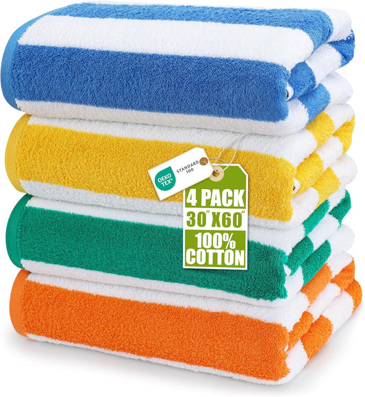 4 Pack Cabana Stripe Beach Towel 30 by 60 Inches Oversized 100% Ringspun Cotton Pool Towels