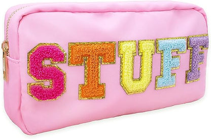 Preppy Stuff Bag Chenille Varsity Letter Makeup Pouch, Nylon Skin Care Zipper Patch Bags Organizer for Women Travel Make Up Skincare Cosmetic