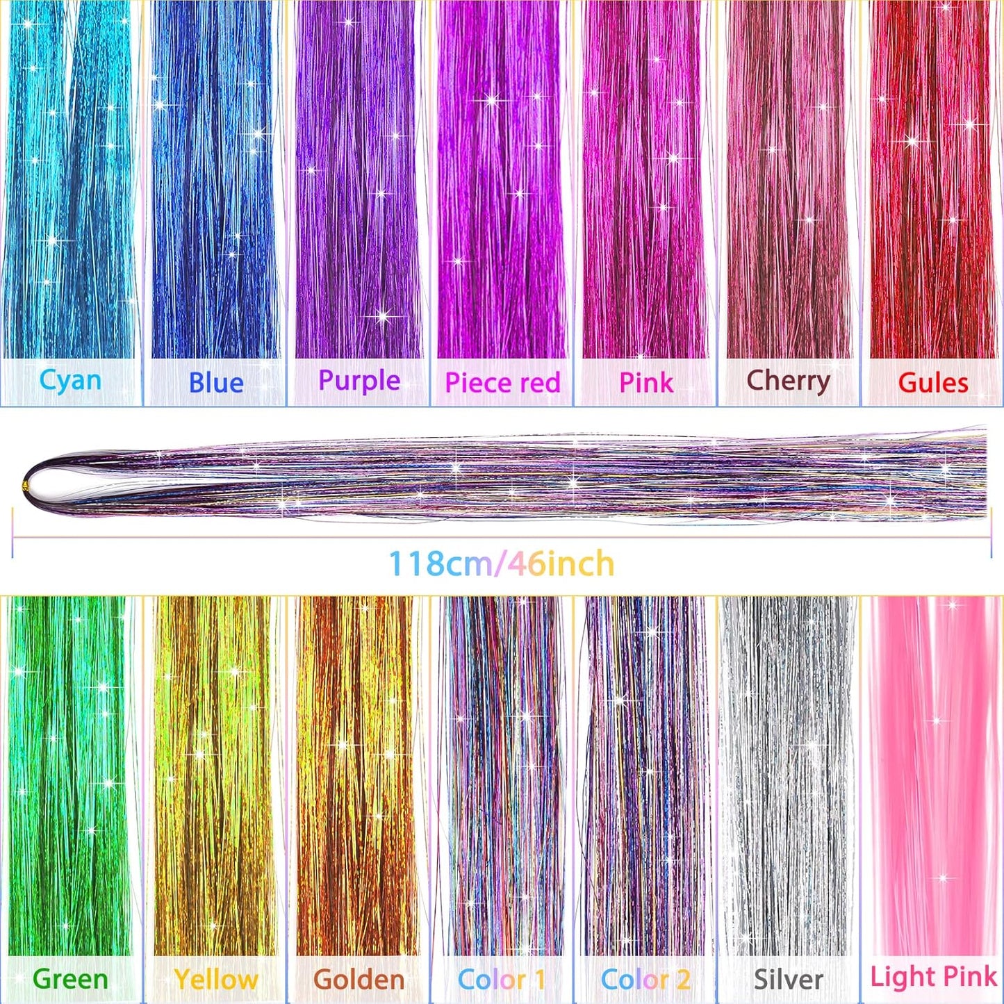 47 inch 2800 Strands Tinsel Hair Extensions for Women Girls Fairy Hair Tinsel Glitter Sparkling Shiny Colorful Synthetic Hair