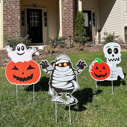 3PCS  Props Yard Stakes Pumpkin Ghost Monster Yard Sign Stakes for Halloween Decorations