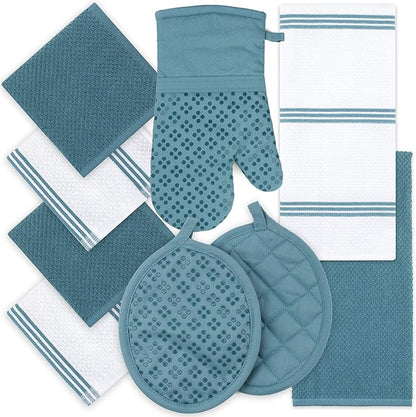 9-Piece Kitchen Set  Blue 100% Cotton Terry Dish Towels Dishcloths Oven Mitts and Pot Holders