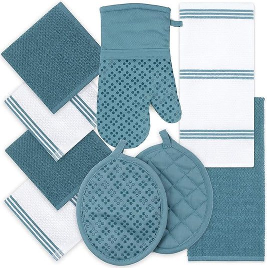 9-Piece Kitchen Set  Blue 100% Cotton Terry Dish Towels Dishcloths Oven Mitts and Pot Holders