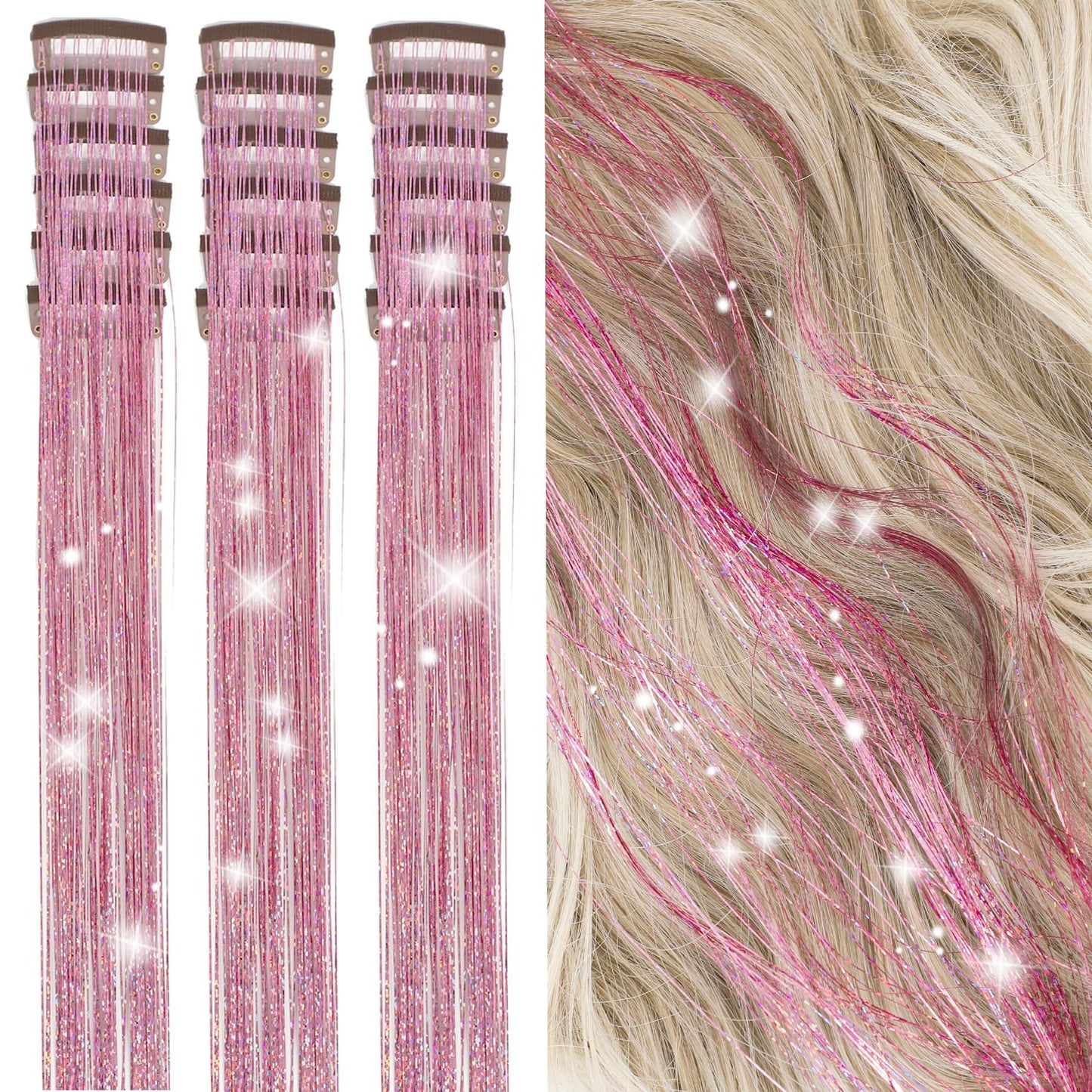 Pack of 18 Pcs Hair Tinsel Clip in 19.6Inch Glitter Tinsel Hair Extensions Heat Resistant Clip in Hair Tinsel Sparkle