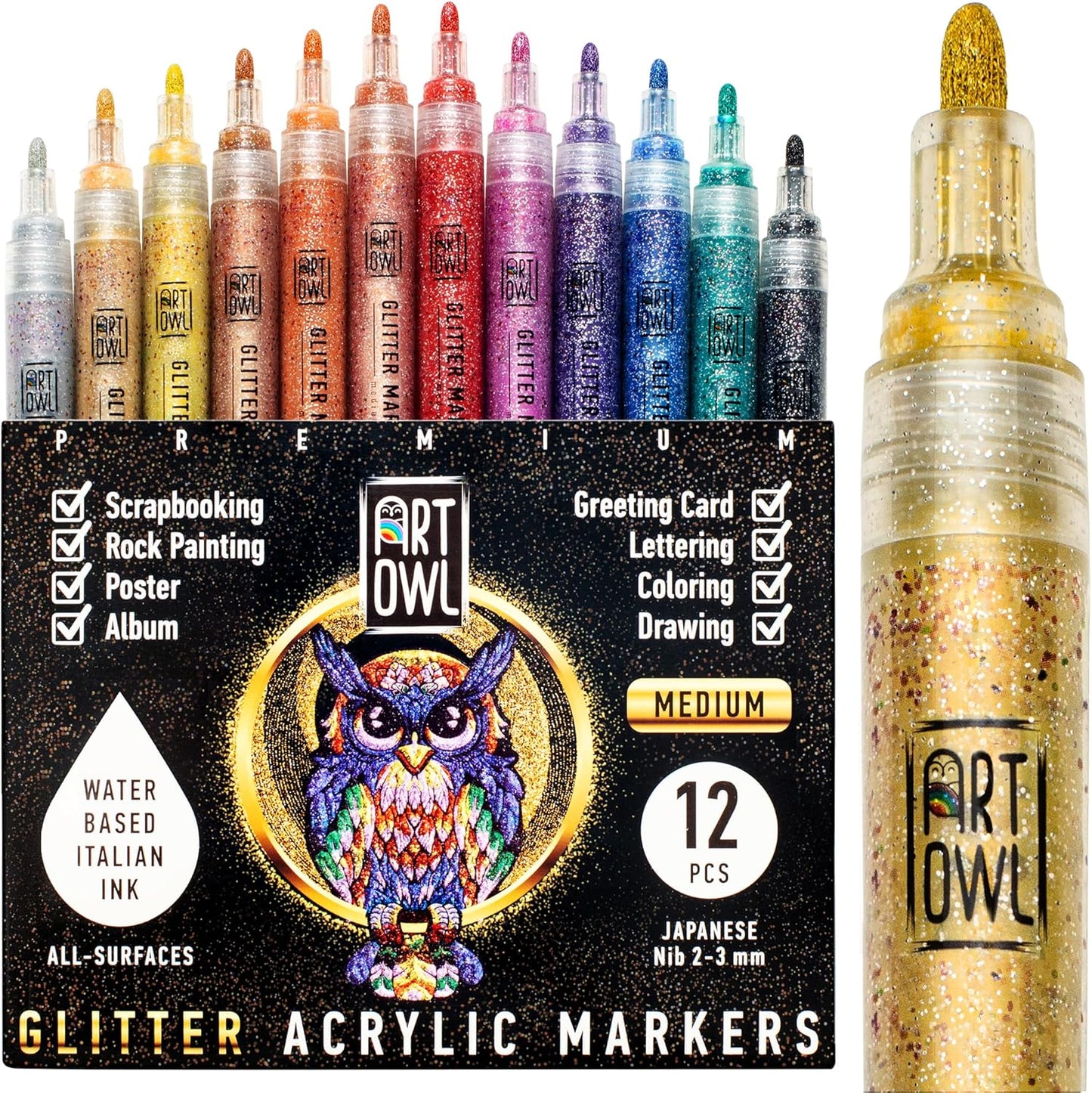 Glitter Paint Marker Pens, Medium Pens for Rock Painting, Stone, Ceramic, Glass, Wood, Fabric, Card Making Canvas DIY Crafts