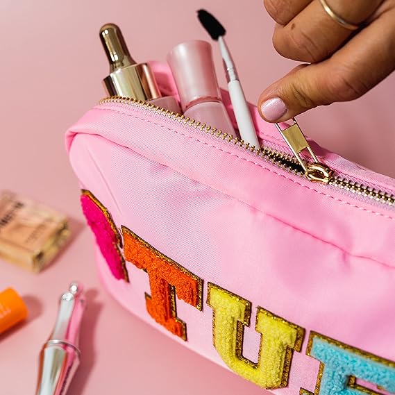 Preppy Stuff Bag Chenille Varsity Letter Makeup Pouch, Nylon Skin Care Zipper Patch Bags Organizer for Women Travel Make Up Skincare Cosmetic