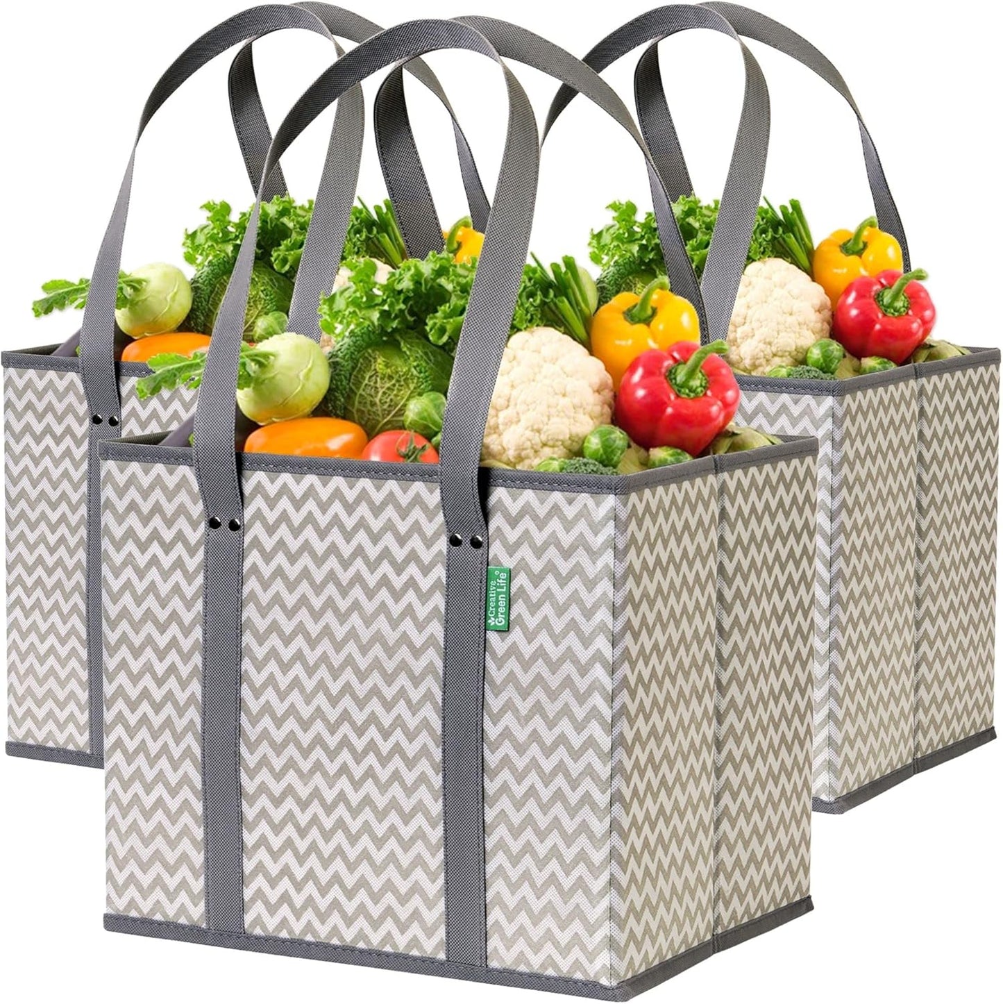 3 Pack Heavy Duty Reusable Shopping Bags with Box Shape to Stand Up and Stay Open Large Tote Bags with Long Handles