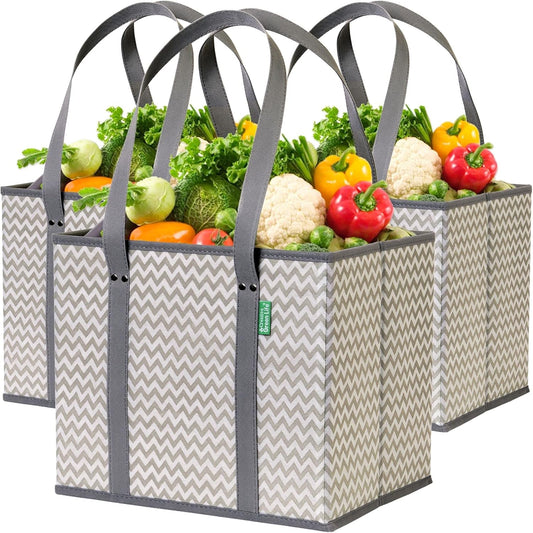 3 Pack Heavy Duty Reusable Shopping Bags with Box Shape to Stand Up and Stay Open Large Tote Bags with Long Handles