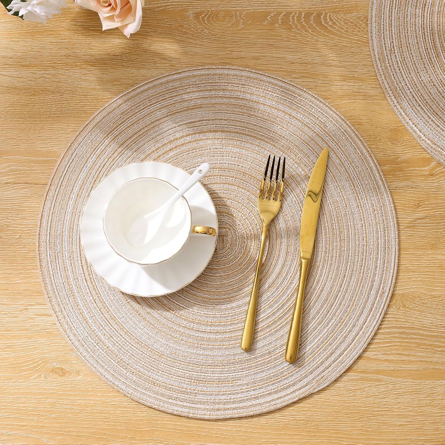 Set of 6 Cotton Polyester Braided Place Mats 15 inch Heat Resistant Washable Table Mats for Kitchen Dining